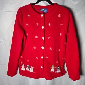 Red Fleece Cardigan Snowman Snowflake Buttons Grandmacore Cottage Women's Med